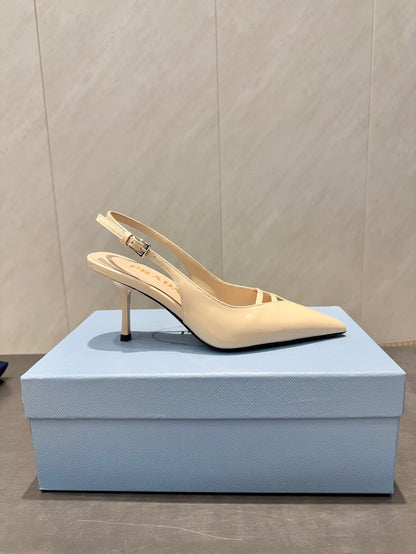 PRADA 26S POINTED TOE SLINGBACK HIGH HEELS 75MM IN BEIGE CALFSKIN
