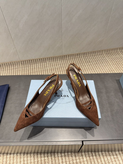 PRADA 26S POINTED TOE SLINGBACK HIGH HEELS 75MM IN DARK BROWN SUEDE