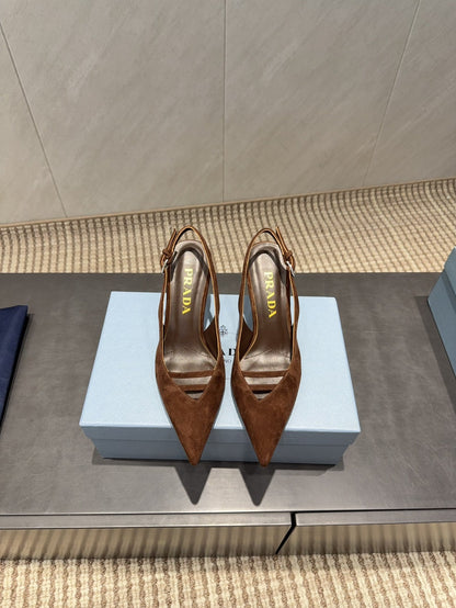 PRADA 26S POINTED TOE SLINGBACK HIGH HEELS 75MM IN DARK BROWN SUEDE