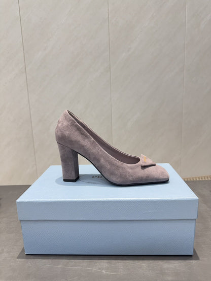 PRADA 26S SQUARE TOE HIGH HEELS 85MM IN TAUPE BROWN SUEDE WITH LOGO