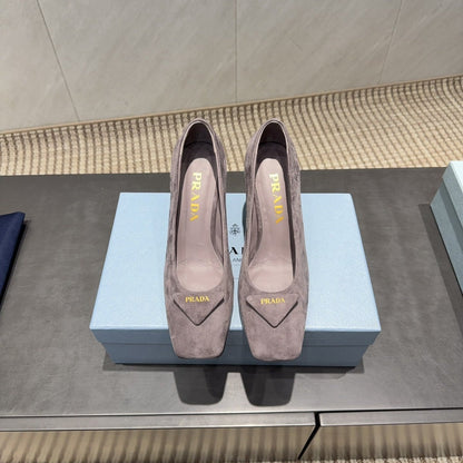 PRADA 26S SQUARE TOE HIGH HEELS 85MM IN TAUPE BROWN SUEDE WITH LOGO