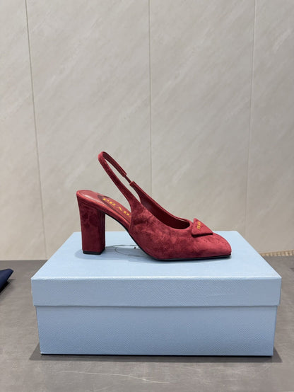 PRADA 26S LOW HEEL SQUARE TOE SLINGBACK SHOES 85MM IN DARK RED SUEDE WITH LOGO