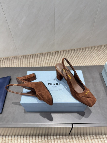 PRADA 26S LOW HEEL SQUARE TOE SLINGBACK SHOES 85MM IN CARAMEL BROWN SUEDE WITH LOGO