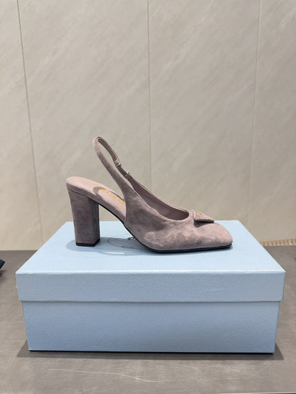 PRADA 26S LOW HEEL SQUARE TOE SLINGBACK SHOES 85MM IN TAUPE BROWN SUEDE WITH LOGO