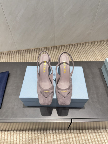 PRADA 26S LOW HEEL SQUARE TOE SLINGBACK SHOES 85MM IN TAUPE BROWN SUEDE WITH LOGO