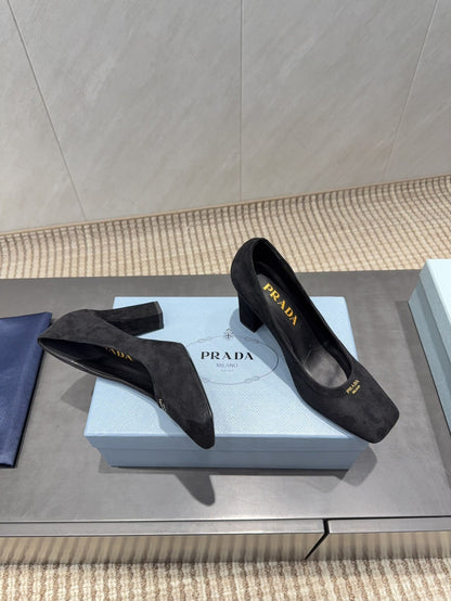 PRADA 26S SQUARE TOE HIGH HEELS 85MM IN BLACK SUEDE
