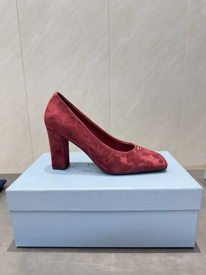 PRADA 26S SQUARE TOE HIGH HEELS 85MM IN DARK RED SUEDE