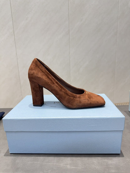 PRADA 26S SQUARE TOE HIGH HEELS 85MM IN CARAMEL BROWN SUEDE
