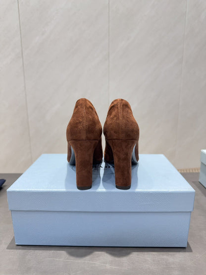 PRADA 26S SQUARE TOE HIGH HEELS 85MM IN CARAMEL BROWN SUEDE