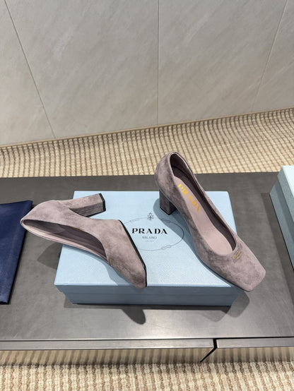 PRADA 26S SQUARE TOE HIGH HEELS 85MM IN TAUPE BROWN SUEDE