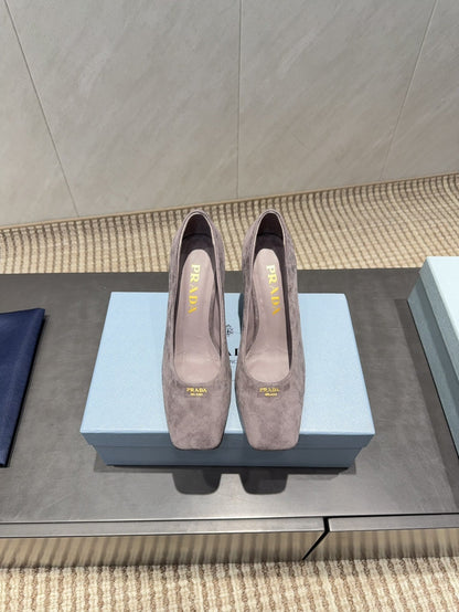 PRADA 26S SQUARE TOE HIGH HEELS 85MM IN TAUPE BROWN SUEDE