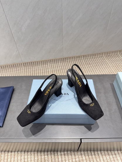 PRADA 26S LOW HEEL SQUARE TOE SLINGBACK SHOES 85MM IN BLACK SUEDE
