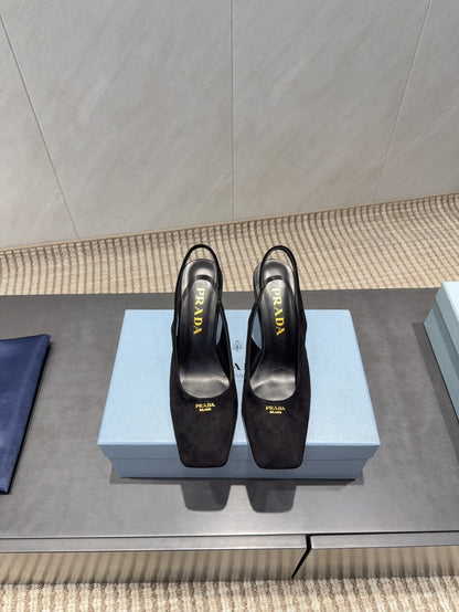 PRADA 26S LOW HEEL SQUARE TOE SLINGBACK SHOES 85MM IN BLACK SUEDE