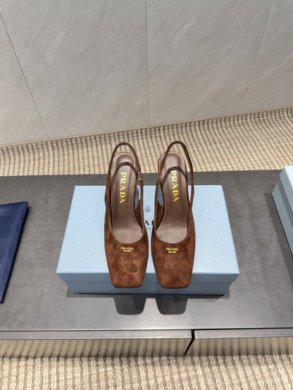 PRADA 26S LOW HEEL SQUARE TOE SLINGBACK SHOES 85MM IN CARAMEL BROWN SUEDE