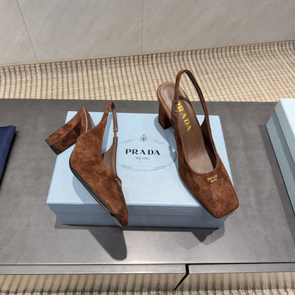 PRADA 26S LOW HEEL SQUARE TOE SLINGBACK SHOES 85MM IN CARAMEL BROWN SUEDE