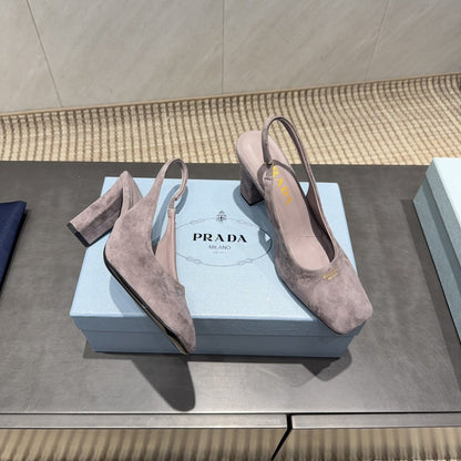 PRADA 26S LOW HEEL SQUARE TOE SLINGBACK SHOES 85MM IN TAUPE BROWN SUEDE