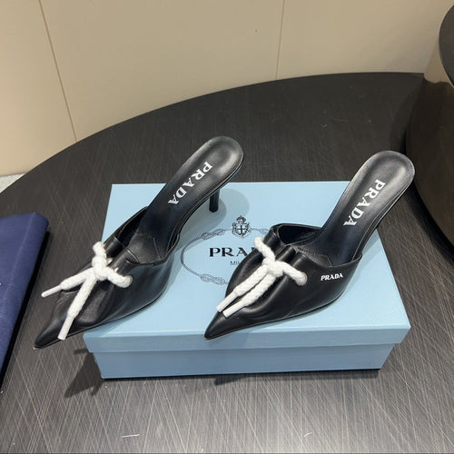 PRADA 25S BRAIDED DETAIL MULES 85MM IN BLACK CALFSKIN