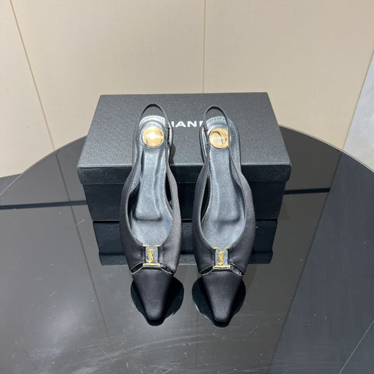 YSL SLINGBACK FLATS 25S IN BLACK SATIN FABRIC WITH GOLD HARDWARE