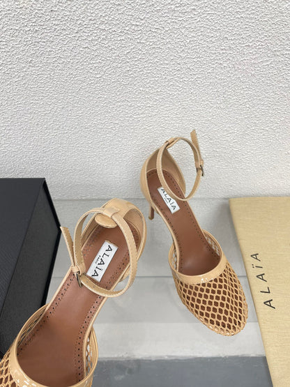 ALAIA HIGH FISHNET 9 CM PUMPS IN EGG NOG MESH