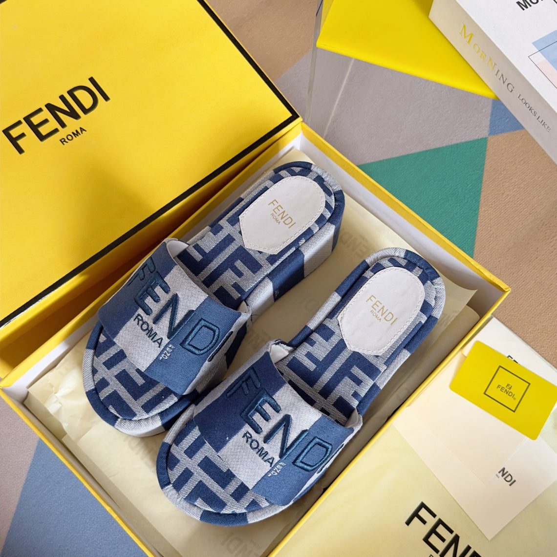 FF Sunshine 65 Blue Grey Canvas Flatform Slide