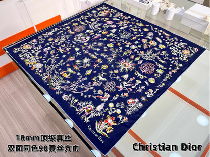 DIOR REVERSIBLE PRINTED SQUARE SCARF 90 CM IN NAVY BLUE SILK 735869