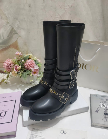 CD ZIPPER BUCKLE BOOTS IN BLACK CALFSKIN
