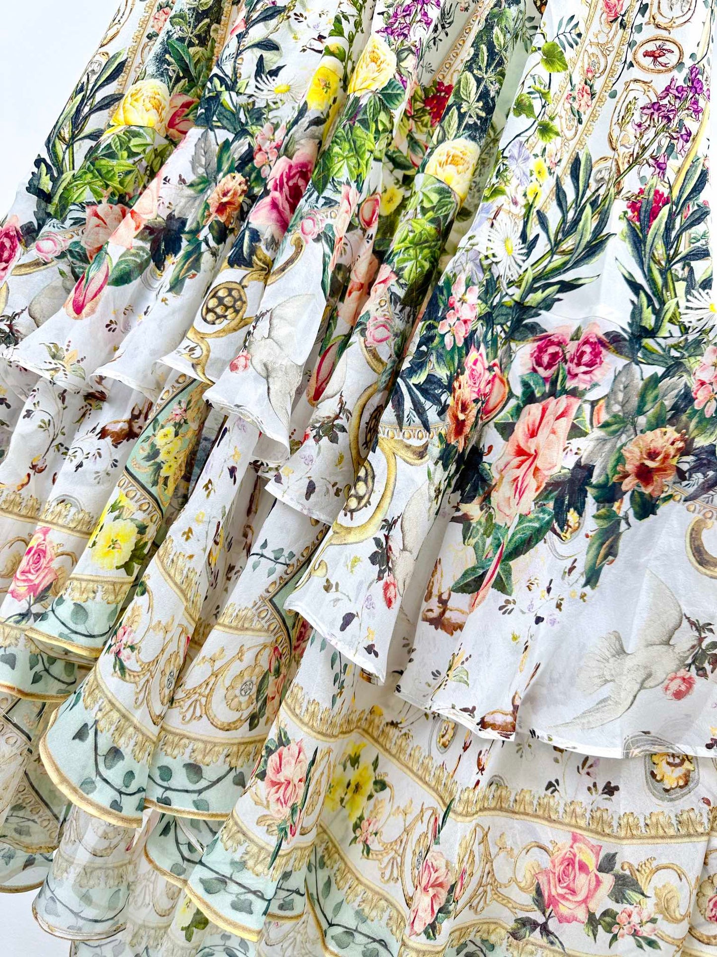 V-NECK LAYERED SILK PRINT MAXI DRESS