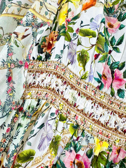 V-NECK LAYERED SILK PRINT MAXI DRESS
