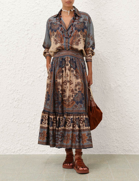 PATTERNED BLOUSE AND SKIRT SET