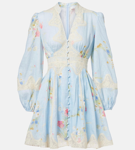 LONG-SLEEVE BLUE FLORAL DRESS