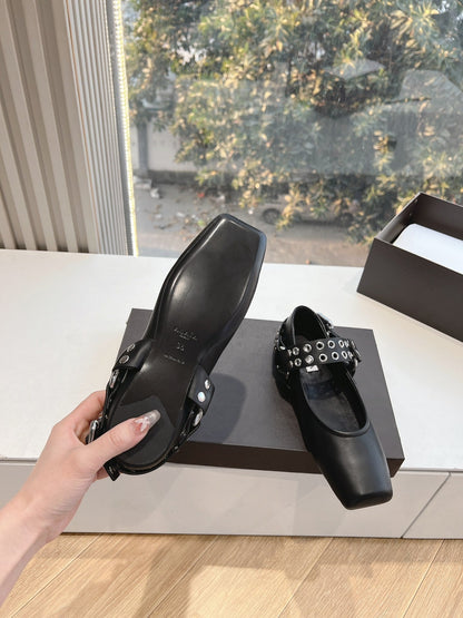 ALAIA 26S FLATS IN BLACK CALFSKIN WITH SILVER STUD STRAP