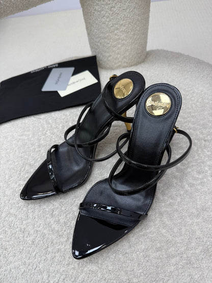 YSL 25S STRAPPY HIGH-HEEL SANDALS 95 MM IN BLACK SHINY LAMBSKIN