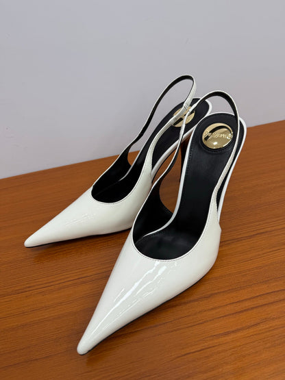 YSL 26S HEELED SLINGBACKS 100 MM IN WHITE GLOSSY CALFSKIN