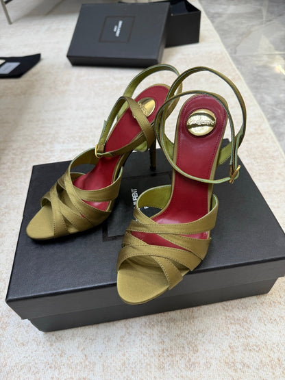 YSL 26S STRAPPY HEELED SANDALS 105 MM IN OLIVE GREEN SATIN