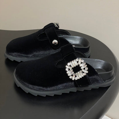 ROGER VIVIER 25S VIV' RANGERS MULES IN BLACK VELVET EMBELLISHED CRYSTALS