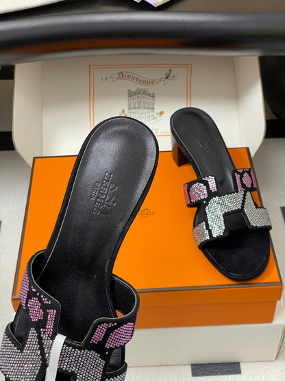 HM 25S ORAN HIGH‑HEEL SANDAL 50 MM IN BLACK LAMBSKIN WITH WHITE MIX PINK STONE DETAILS
