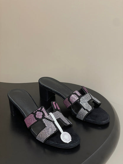 HM 25S ORAN HIGH‑HEEL SANDAL 50 MM IN BLACK LAMBSKIN WITH WHITE MIX PINK STONE DETAILS