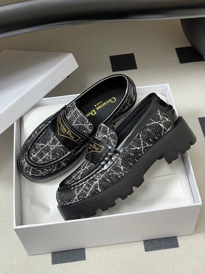 DIOR 25S BOY PLATFORM LOAFERS IN BLACK MIX WHITE TWEED AND LAMBSKIN