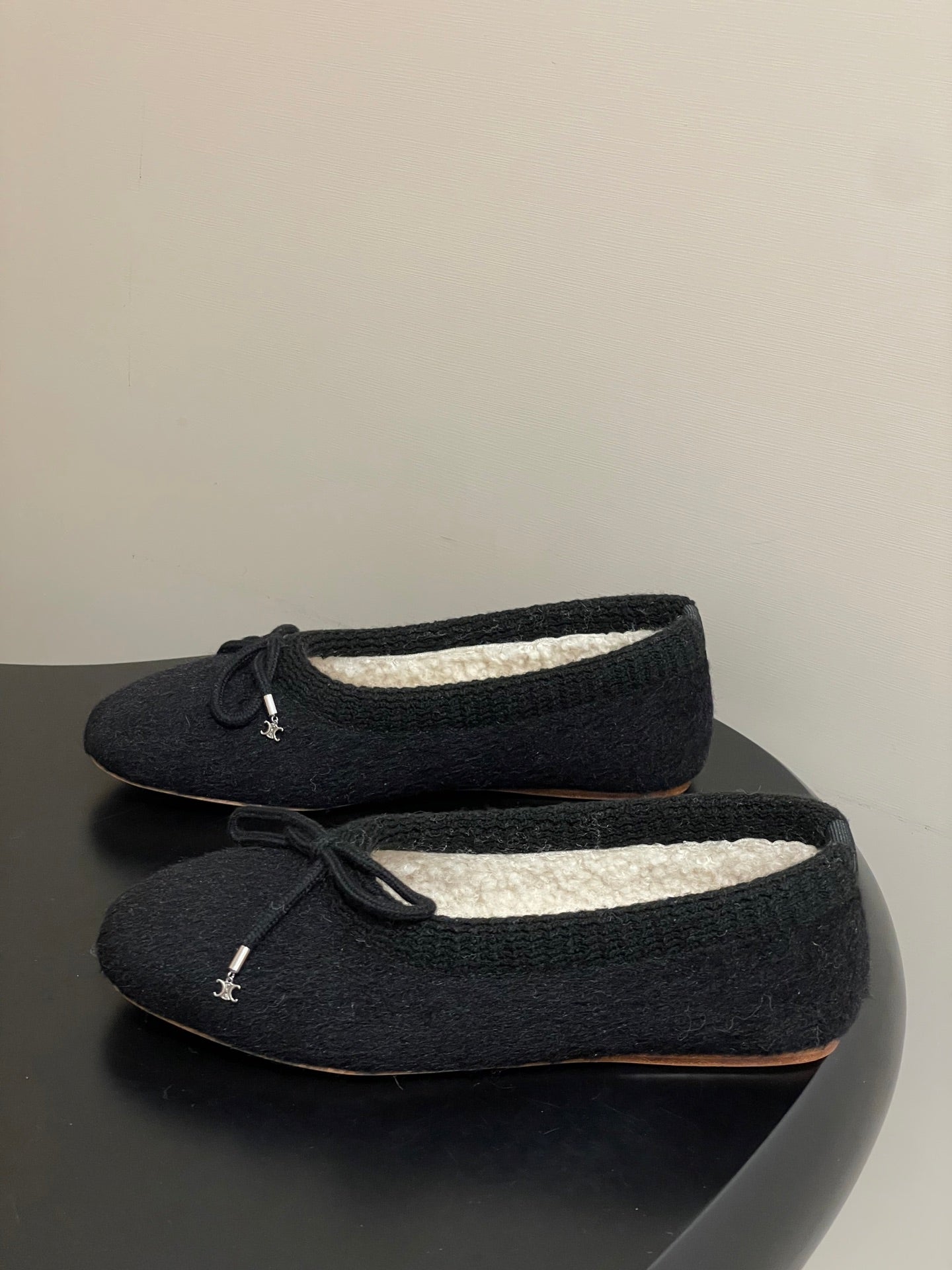 CELINE 26S BALLET FLATS IN BLACK WOOL WITH BOW STYLE 1