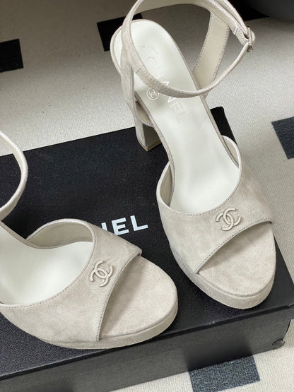 CHANEL 26S HIGH HEEL SANDALS 120 MM IN CREAM BEIGE SUEDE