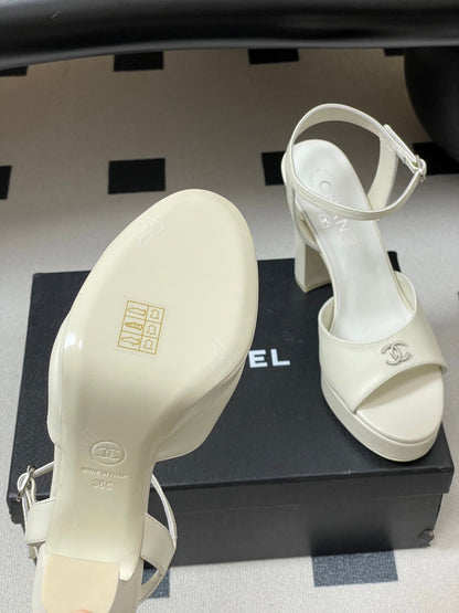 CHANEL 26S HIGH HEEL SANDALS 120 MM IN CREAM WHITE LAMBSKIN