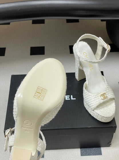 CHANEL 26S HIGH HEEL SANDALS 120 MM IN WHITE TWEED