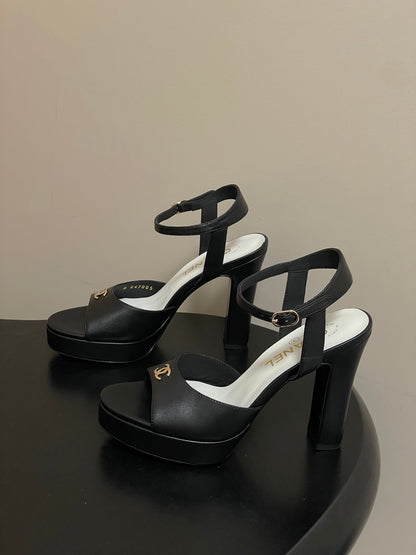 CHANEL 26S HIGH HEEL SANDALS 120 MM IN BLACK LAMBSKIN