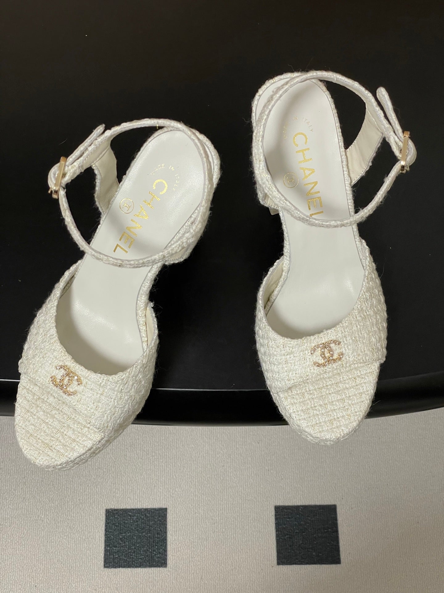CHANEL 26S HIGH HEEL SANDALS 120 MM IN WHITE TWEED