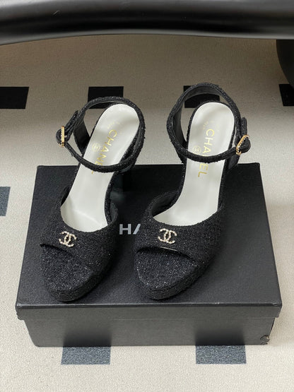 CHANEL 26S HIGH HEEL SANDALS 120 MM IN BLACK TWEED