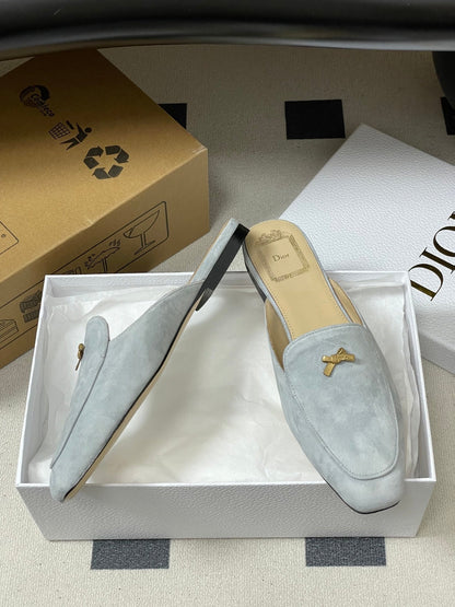 DIOR 26S MULES IN LIGHT BLUE GRAY SUEDE WITH BOW