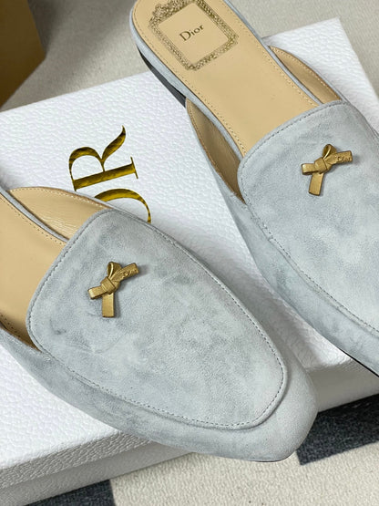 DIOR 26S MULES IN LIGHT BLUE GRAY SUEDE WITH BOW