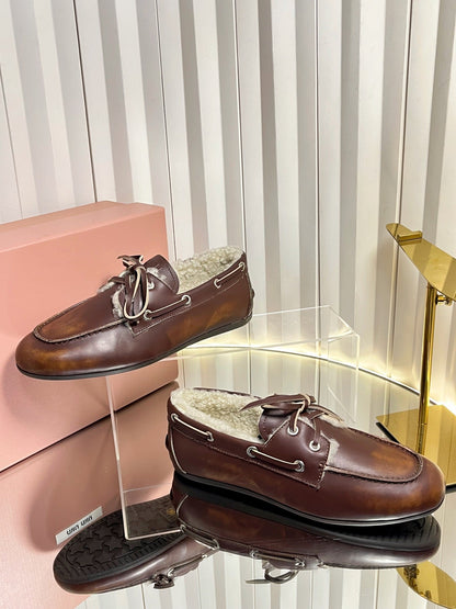 MIUMIU 26S FUR BOAT SHOES IN BROWN CALFSKIN