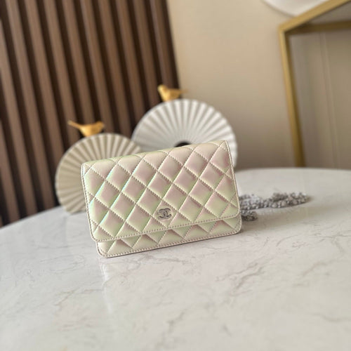 CHANEL 25S WALLET ON CHAIN 19 IN PEARLESCENT PINK WHITE LAMBSKIN