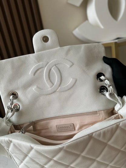 CHANEL 25S SHOULDER BAG 40 IN WHITE CAVIAR WITH SILVER HARDWARE